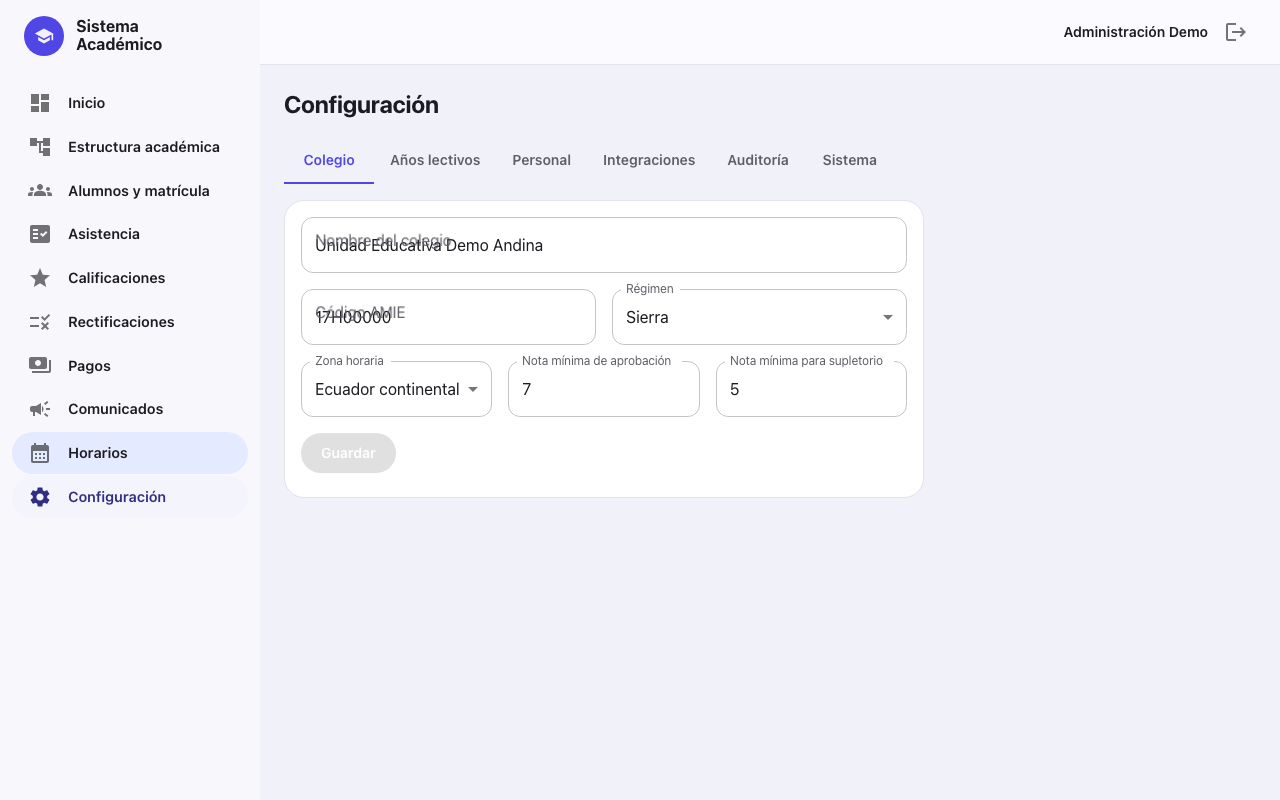 Configuración del colegio