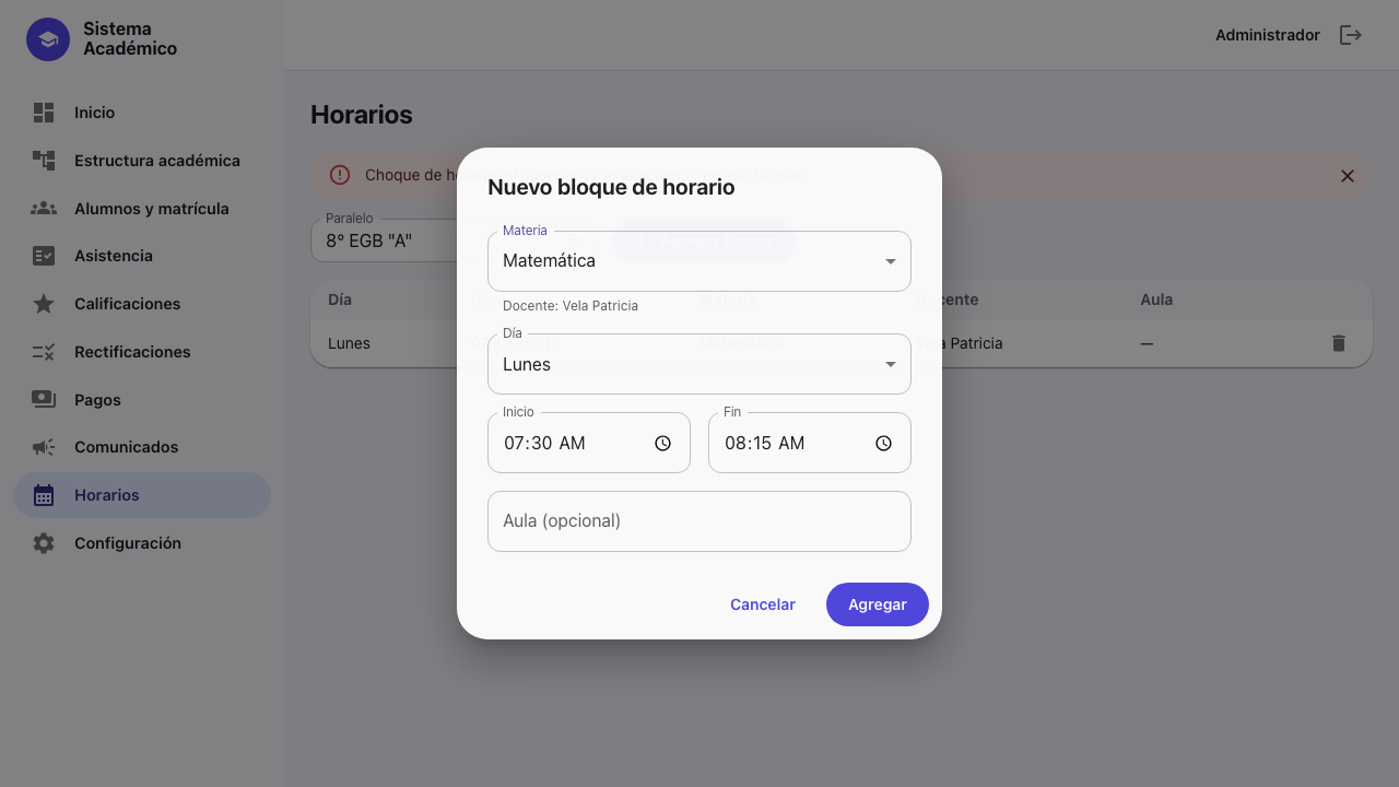 Choque de horario rechazado